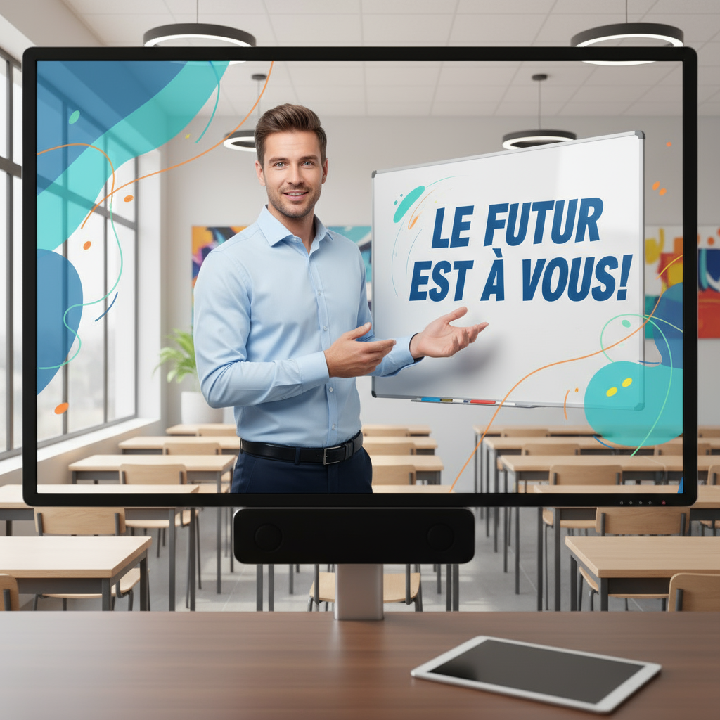 A good looking male teacher appearing on the monitor in a classroom setting, vibrant and modern style