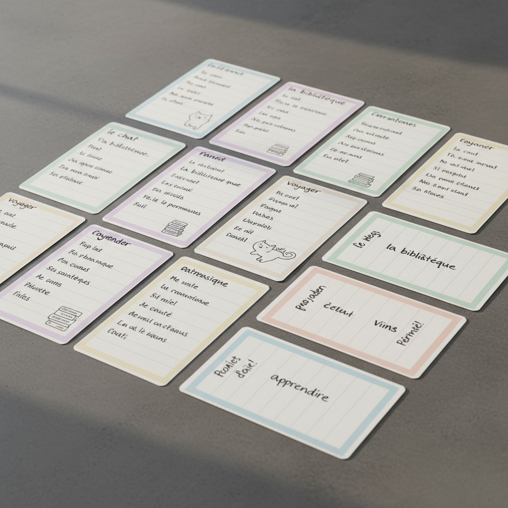 The image shows a collection of index cards with French words on them, arranged on a grey table. The cards are white with ...